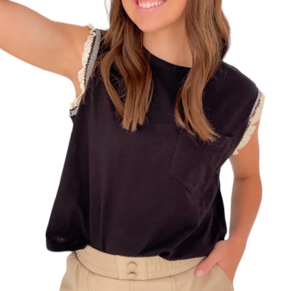 The Greii Journey Black & Ivory Crochet Ruffle Cropped Tee - M